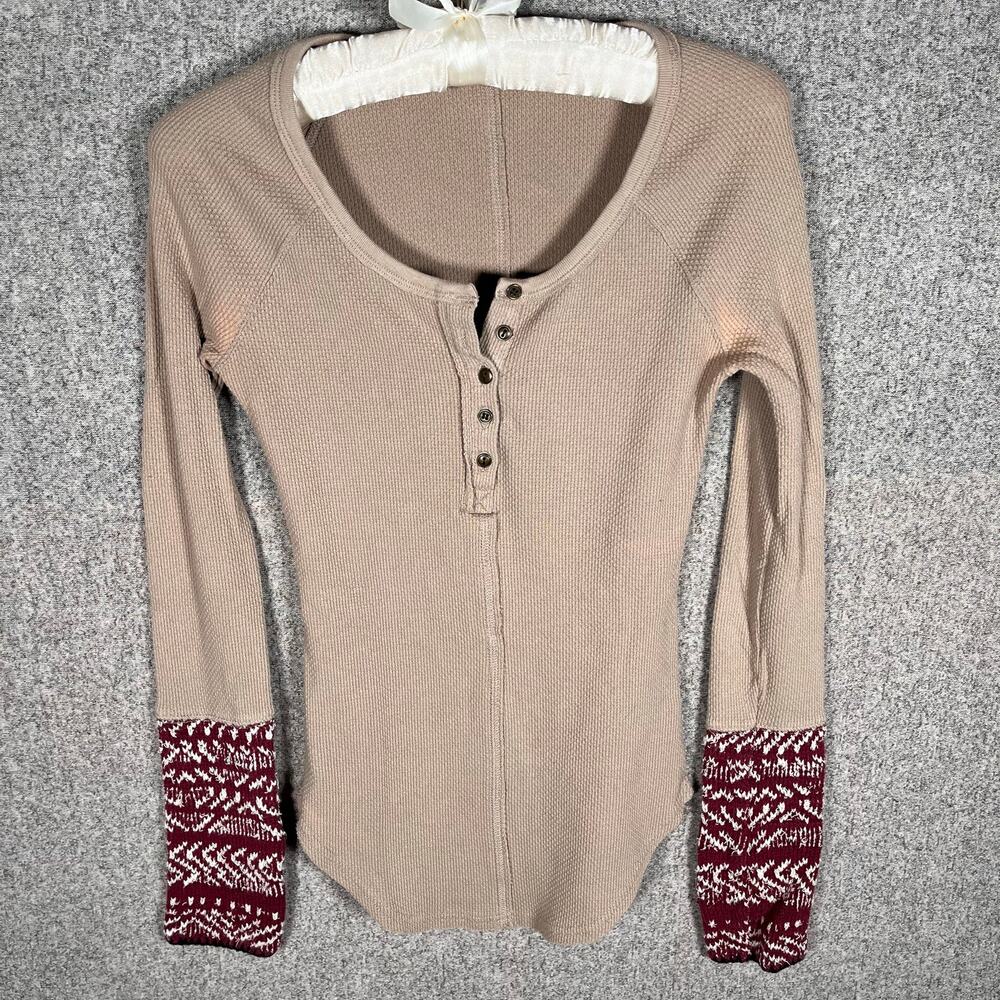 We The Free FREE PEOPLE Womens XS Waffle Knit Henley Crochet Sleeve Boho Button
